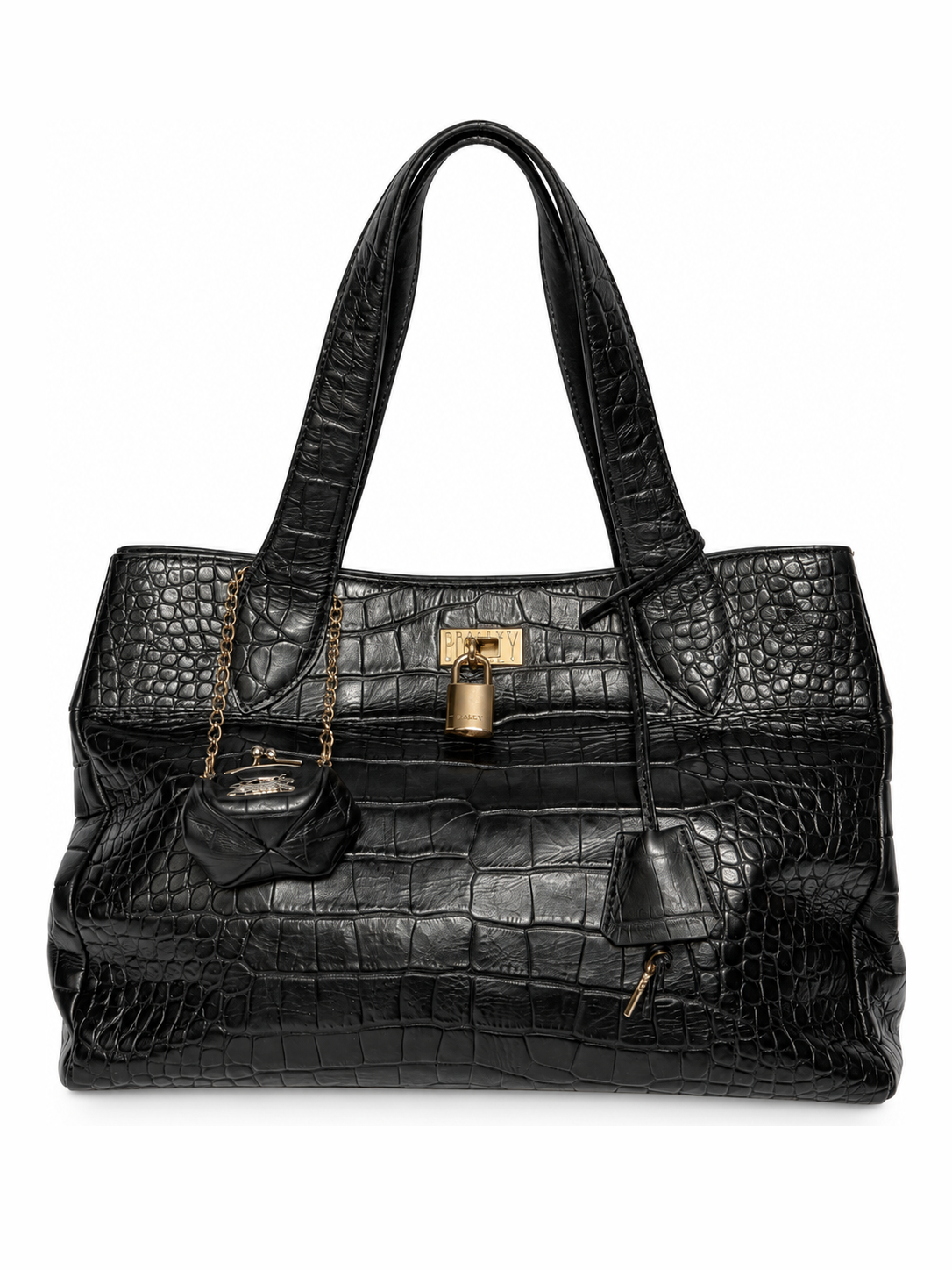 Black Croc-Embossed Tote Bag with Padlock & Coin Purse