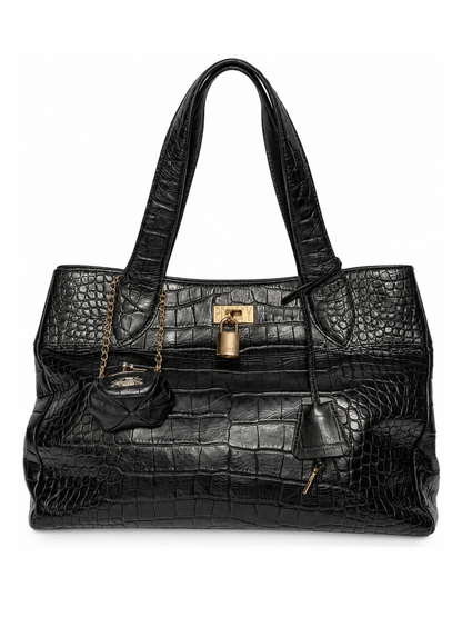 Black Croc-Embossed Tote Bag with Padlock & Coin Purse