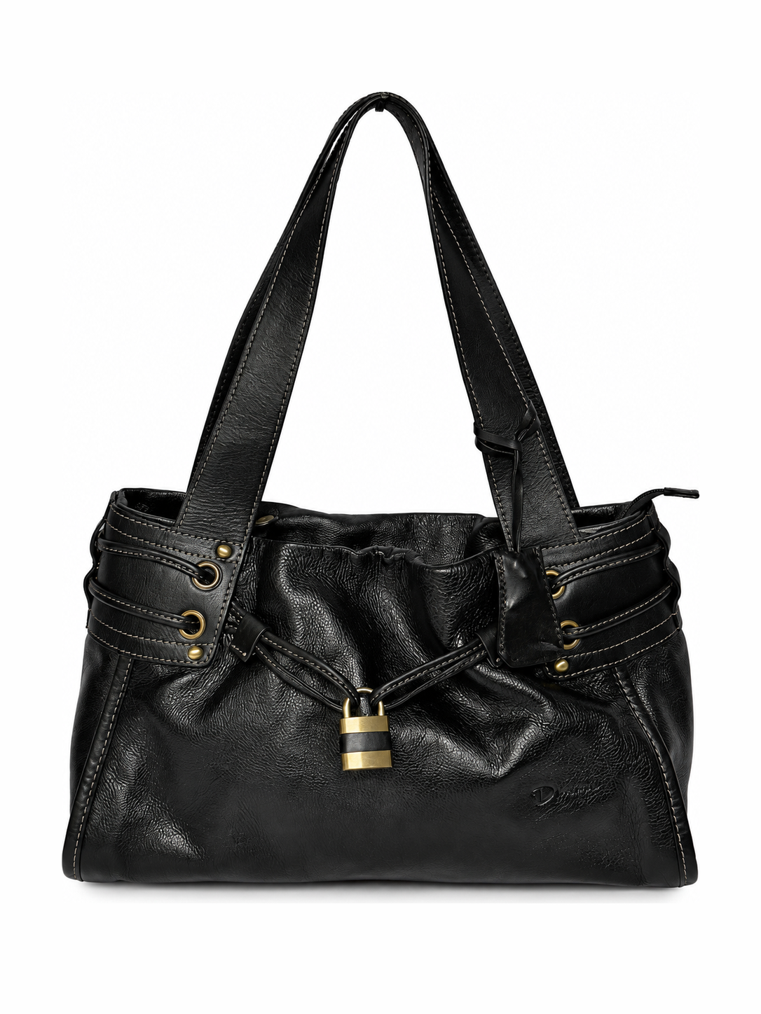 Black Leather Tote Bag with Padlock