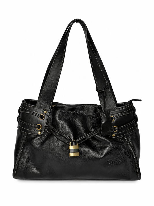Black Leather Tote Bag with Padlock