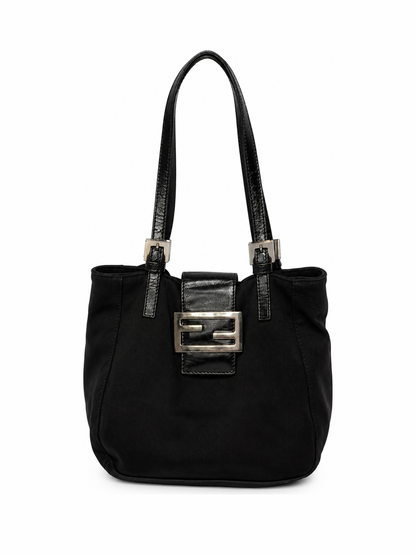 Small Black Mamma Bucket Bag with Silver Logo Buckle
