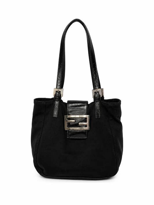 Small Black Mamma Bucket Bag with Silver Logo Buckle