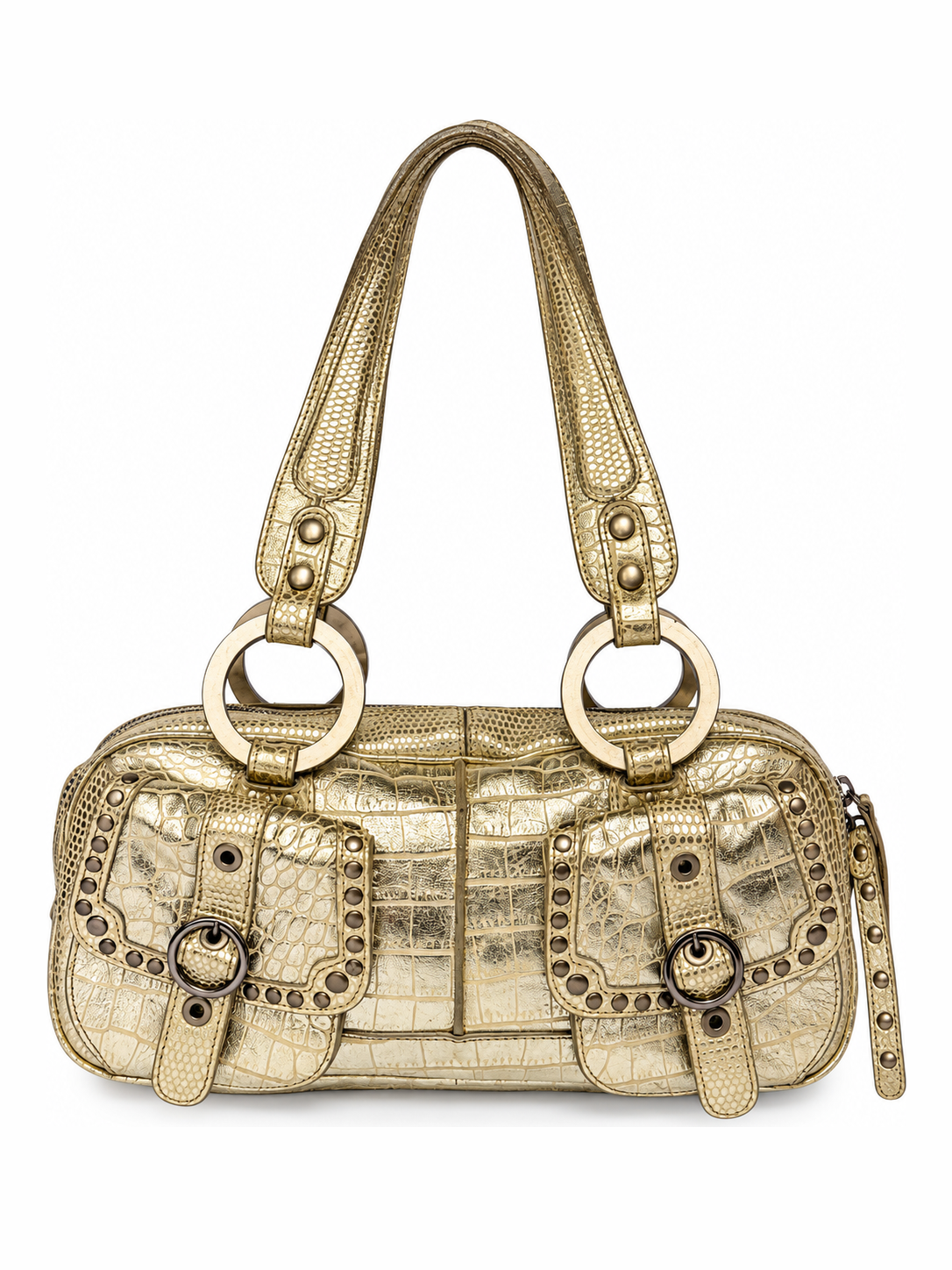 Champagne Gold Croc-Embossed Leather Shoulder Bag