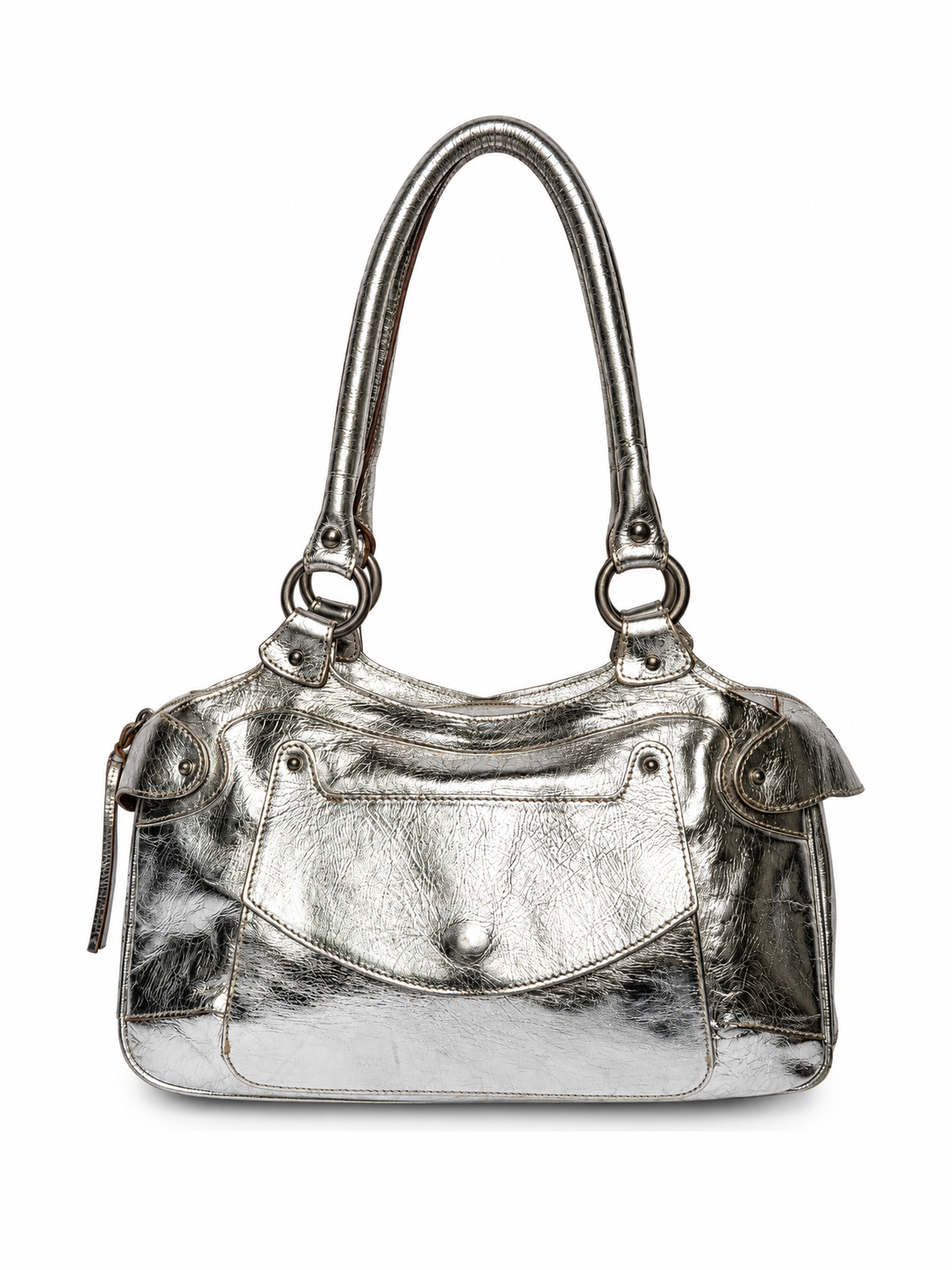 Silver Leather Shoulder Bag with Turquoise Lining