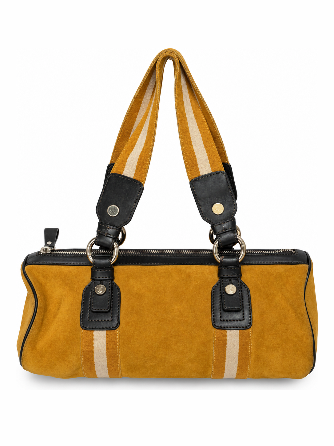 Yellow Suede Drum Bag with Striped Straps