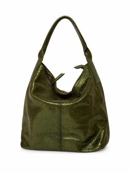 Green Metallic Shimmer Leather Tote Bag
