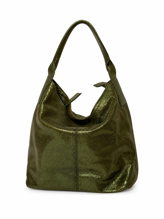 Green Metallic Shimmer Leather Tote Bag
