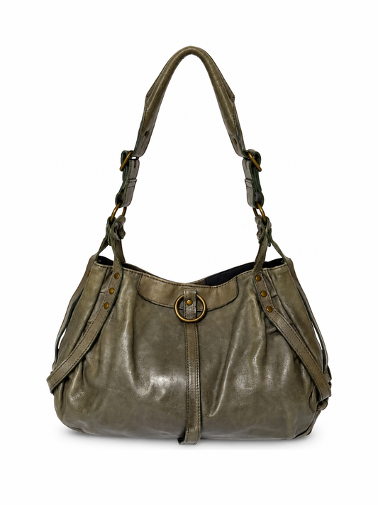 Greige Leather Shoulder Bag with O-Ring Detail