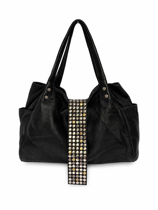 Black Studded Leather Tote Bag