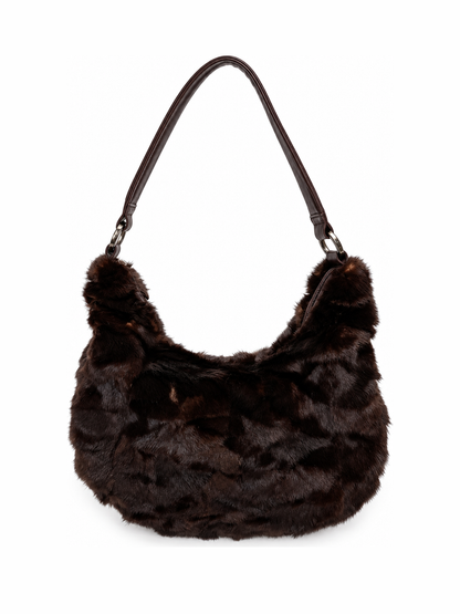 Dark Brown Genuine Mink Fur & Leather Hobo Bag