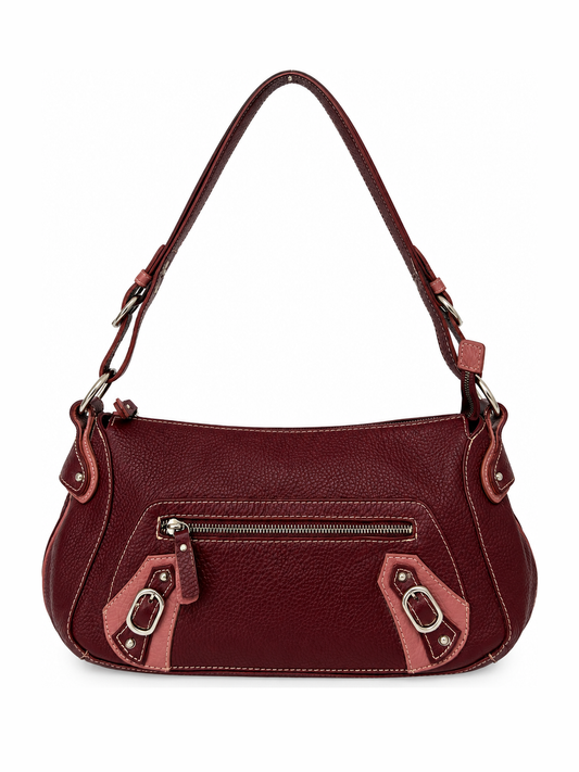 Wine Red Leather Shoulder Bag with Buckle Strap Details
