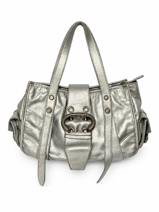 Metallic Silver Leather Bag with Ring Buckle Detail