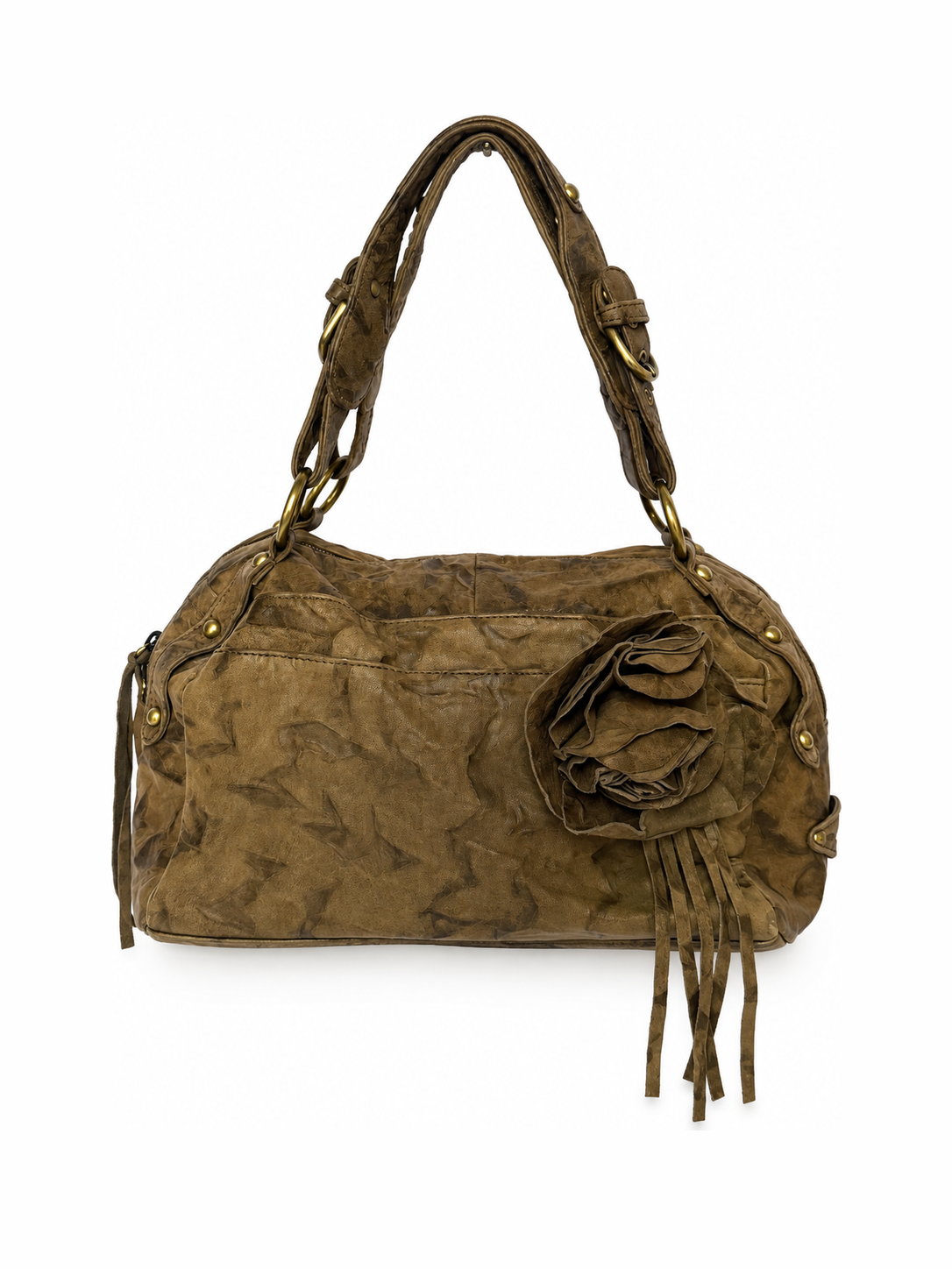Leather Shoulder Bag with Flower Applique