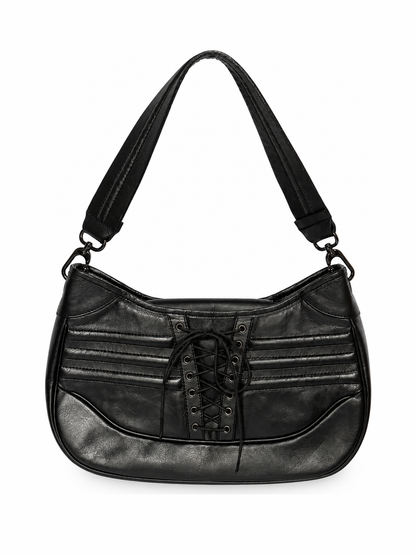 Black Leather Lace-Up Corset Shoulder Bag