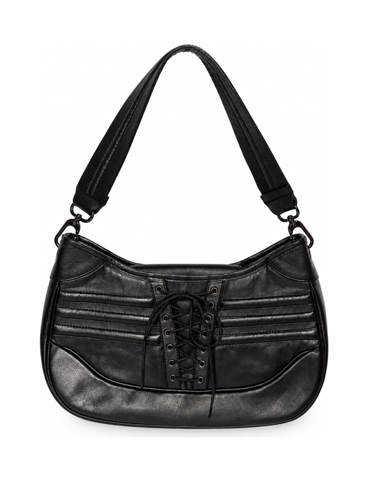 Black Leather Lace-Up Corset Shoulder Bag