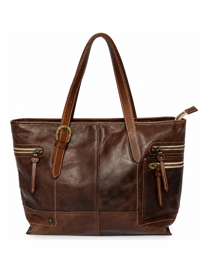 Leather Tote Bag with Horseshoe Buckle Detail