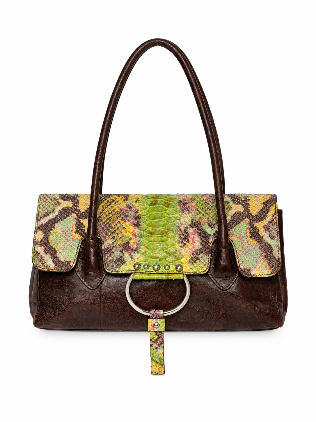 Python-Embossed Brown Leather Bag