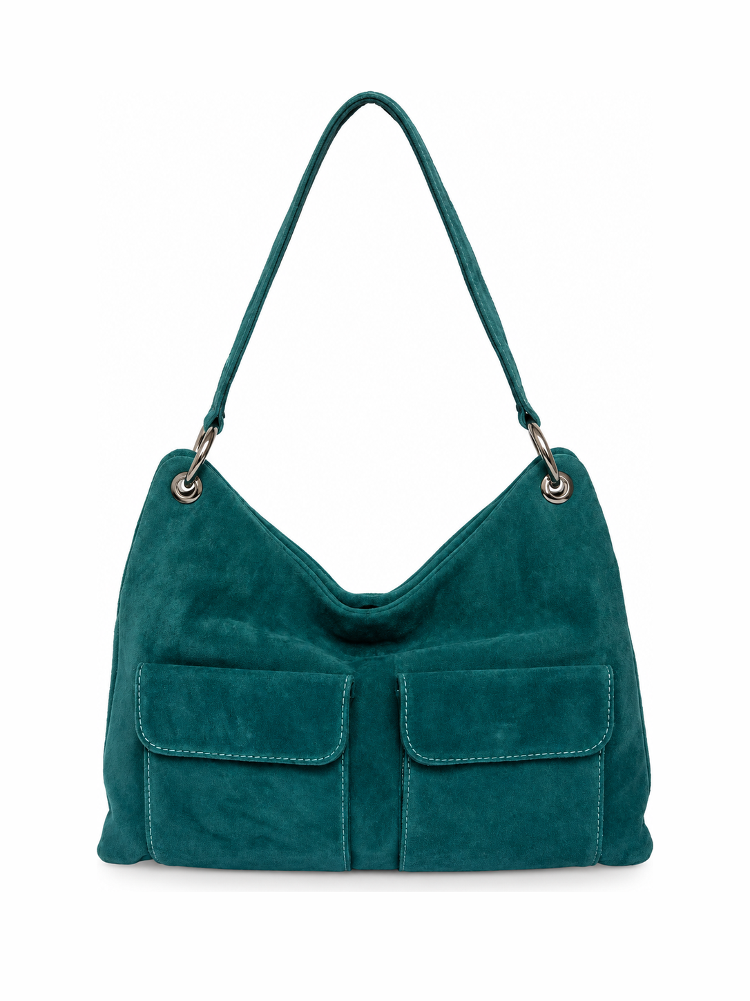 Blue Suede Hobo Bag with Twin Front Pockets
