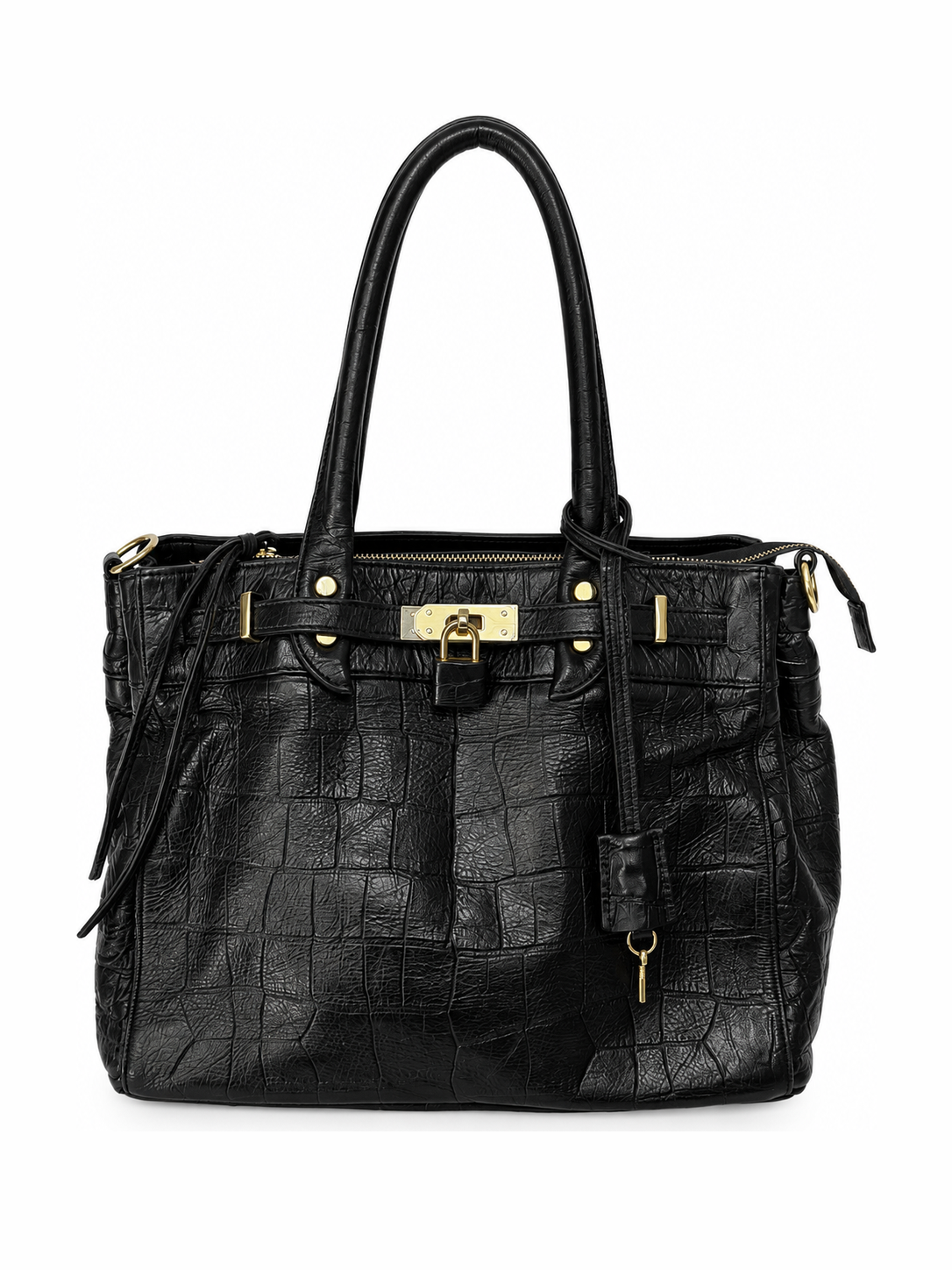 Black Croc-Embossed Leather Satchel with Gold Lock Detail