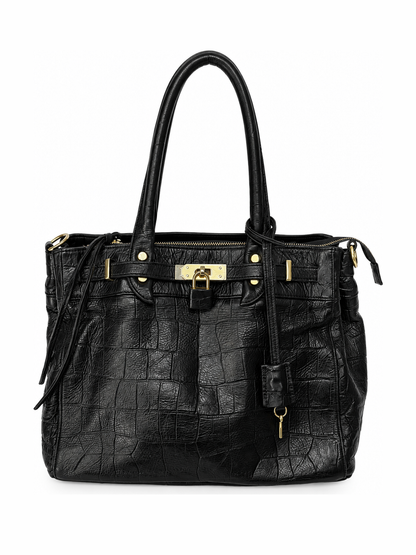 Black Croc-Embossed Leather Satchel with Gold Lock Detail