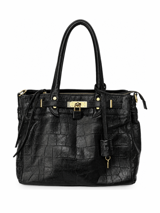 Black Croc-Embossed Leather Satchel with Gold Lock Detail