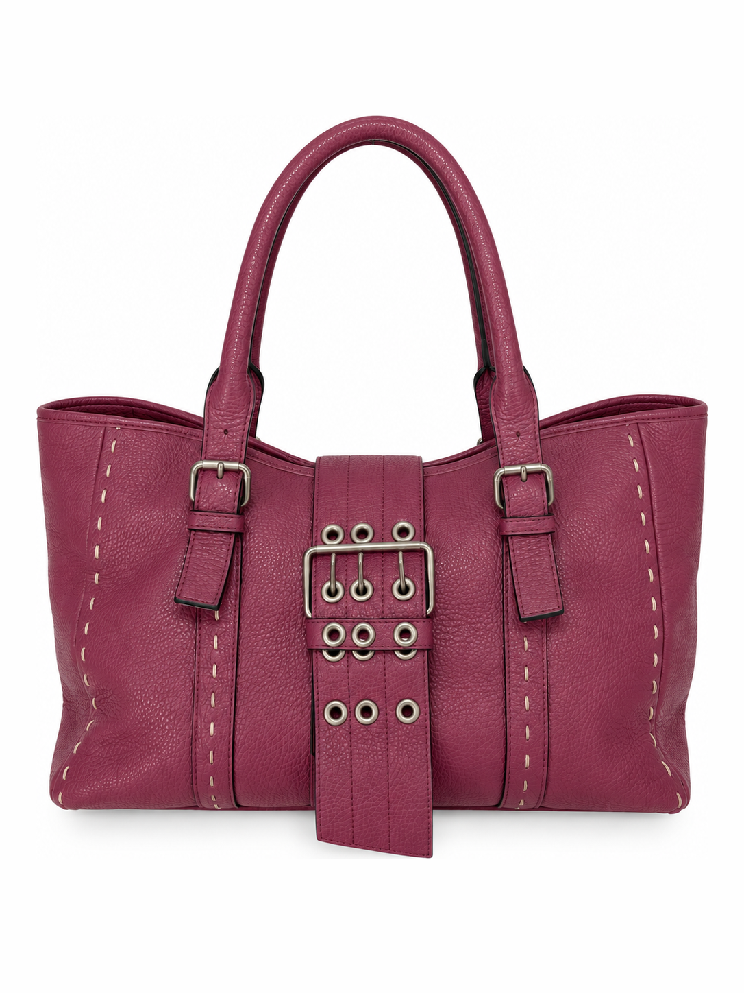 Magenta Leather Tote with Grommet Buckle Strap