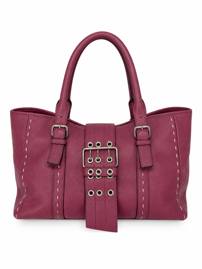 Magenta Leather Tote with Grommet Buckle Strap