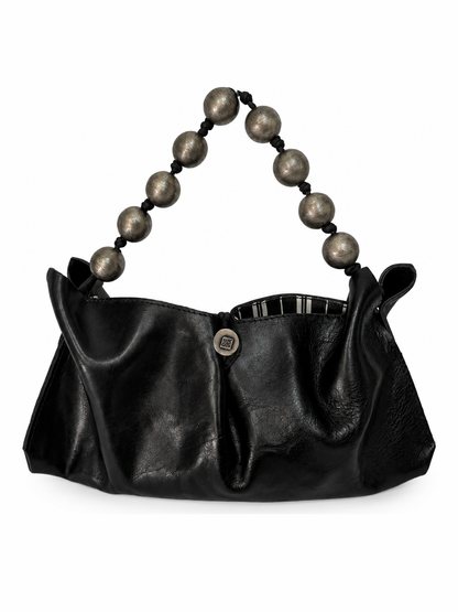Black Leather Mini Party Bag with Silver Bead Handle