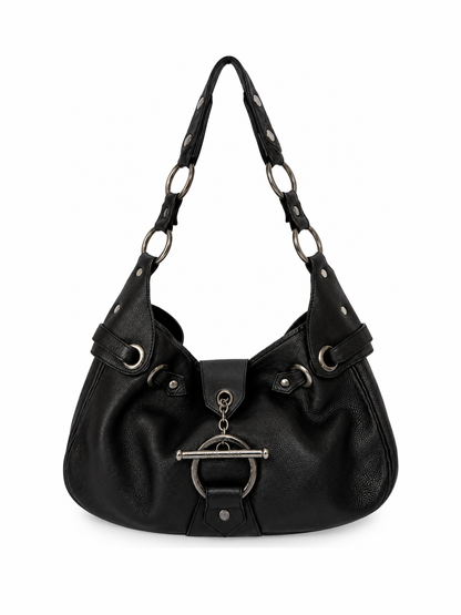 Black Leather Slouchy Hobo Bag with O Ring Strap