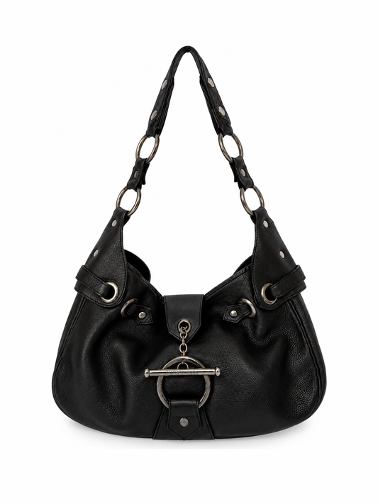 Black Leather Slouchy Hobo Bag with O Ring Strap