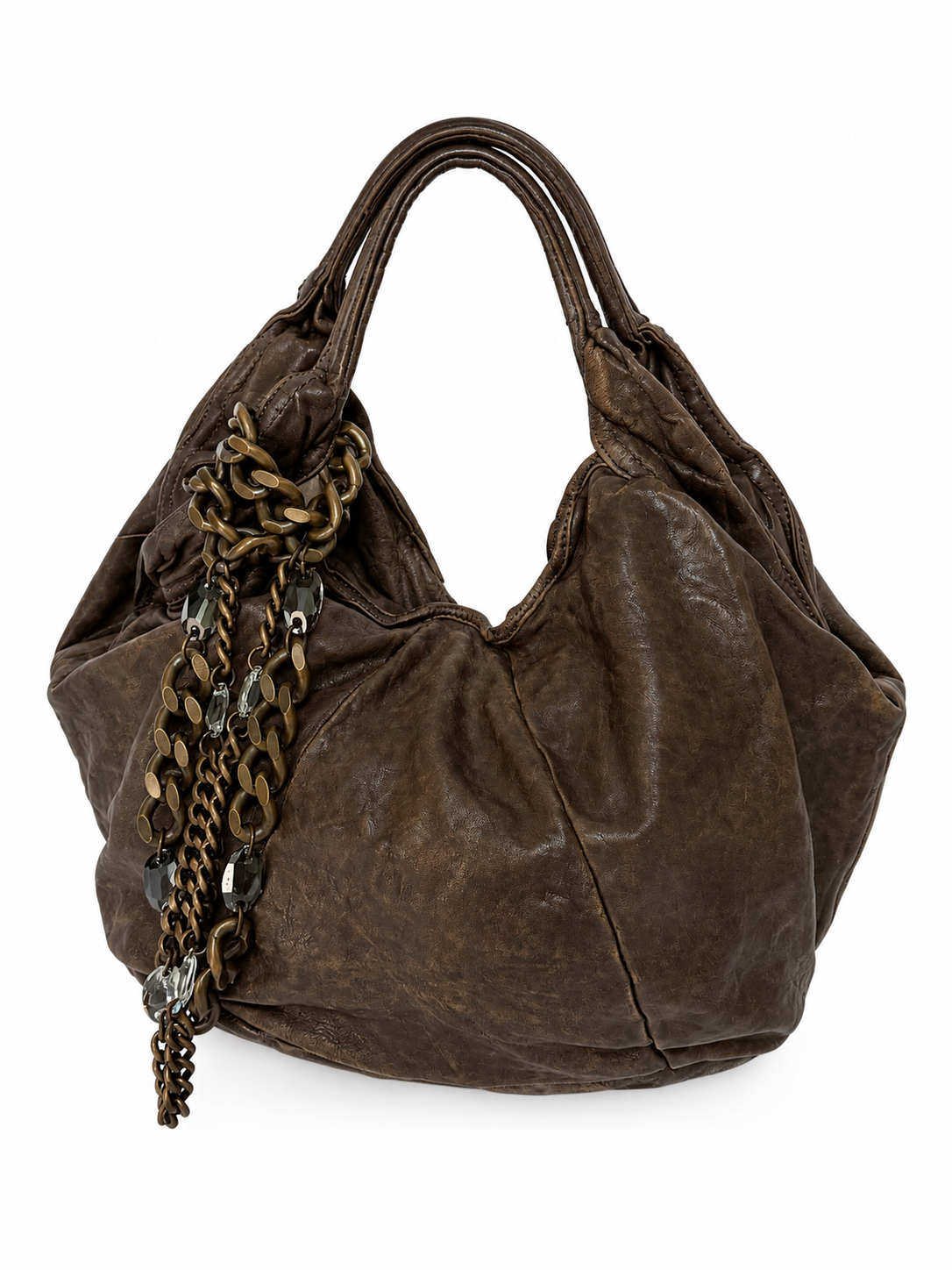 Distressed Leather Hobo Bag with Chain Detail