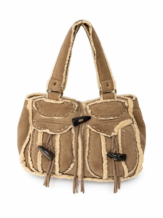 Shearling Tote Bag with Horn Toggles