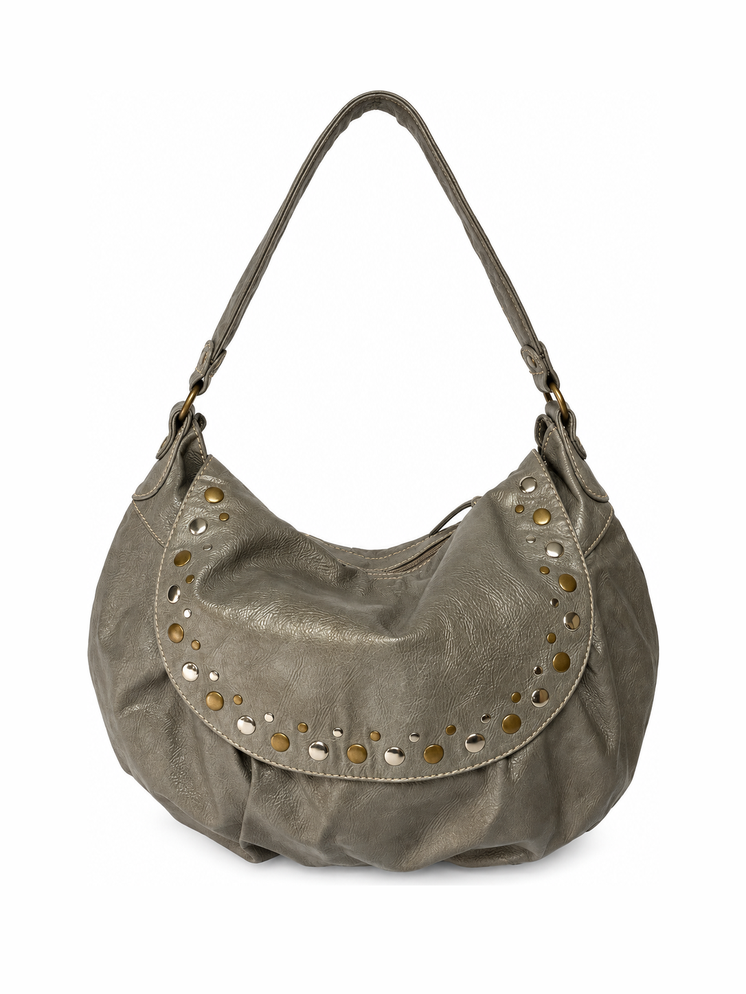 Studded Metallic Grey Leather Hobo Bag with Crossbody Strap