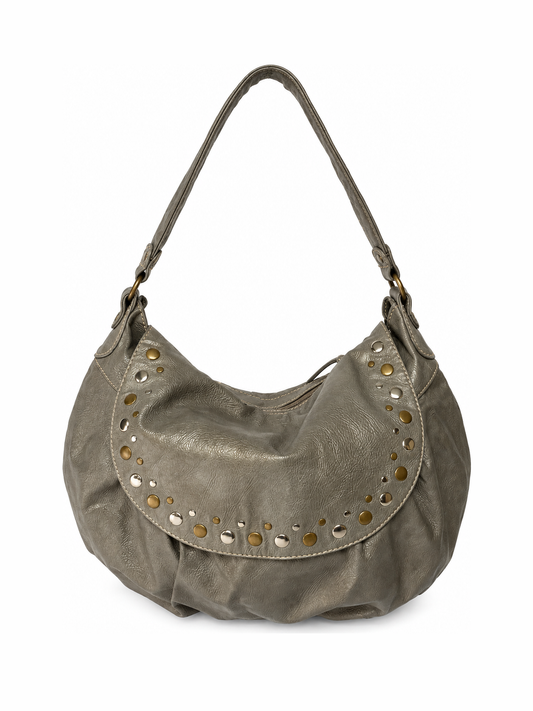 Studded Metallic Grey Leather Hobo Bag with Crossbody Strap