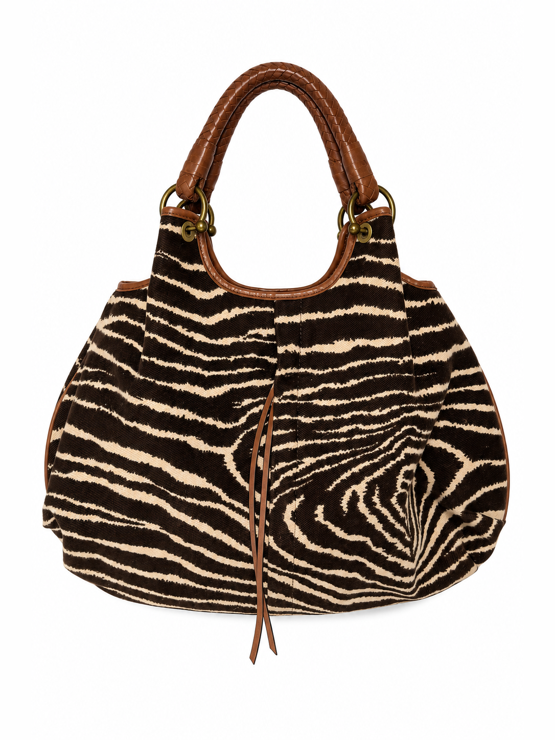 Zebra Print Canvas Hobo Bag with Woven Leather Handle