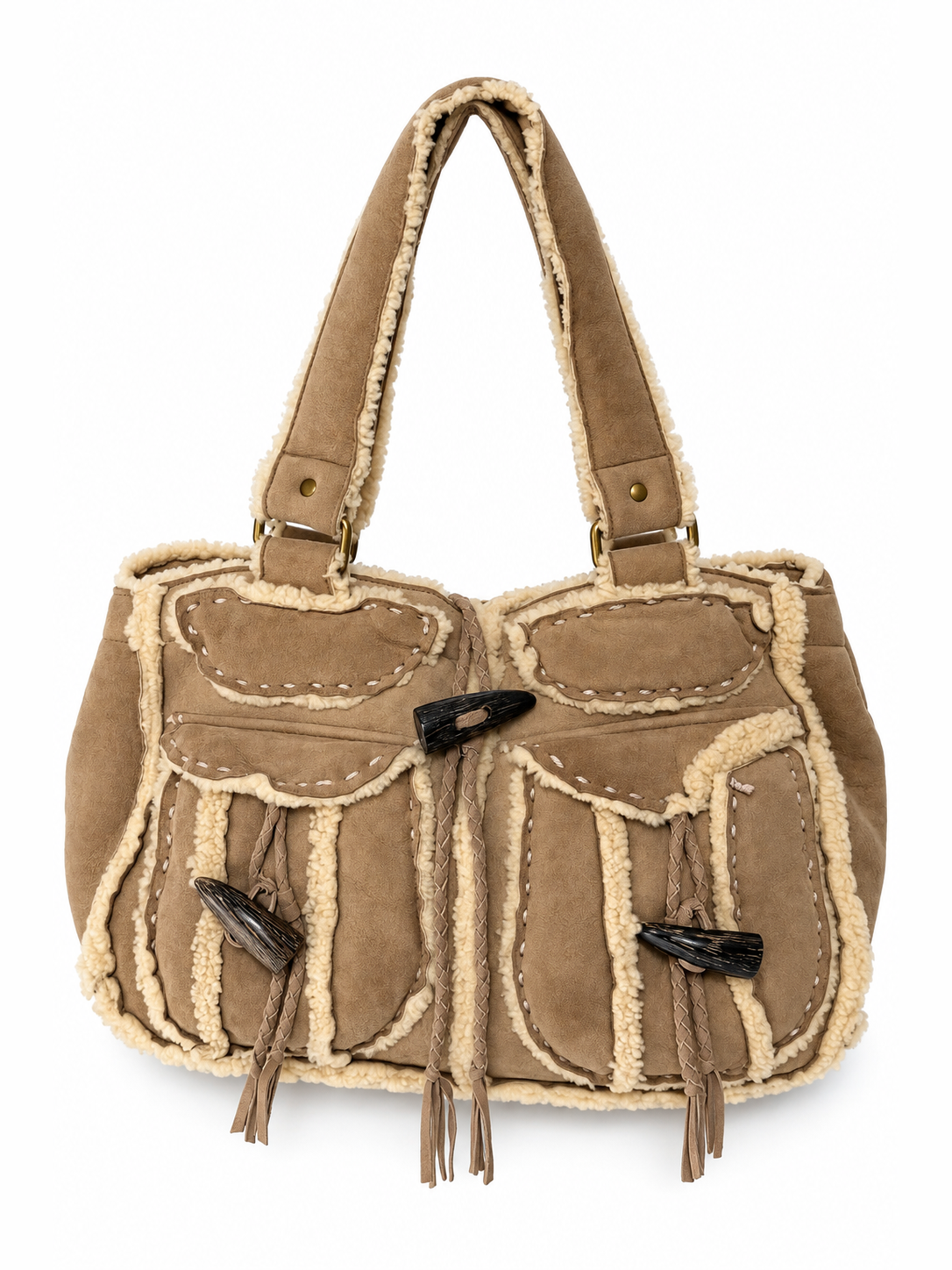 Mouton Shearling Tote Bag with Horn Toggles