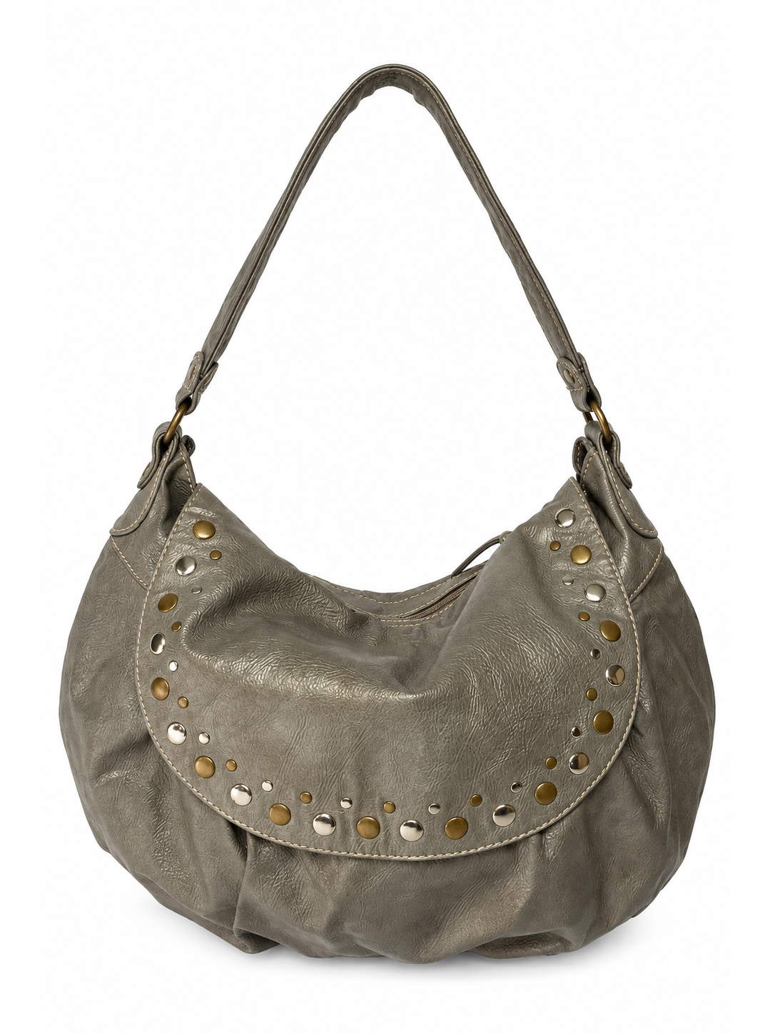 Studded Metallic Grey Leather Hobo Bag with Crossbody Strap