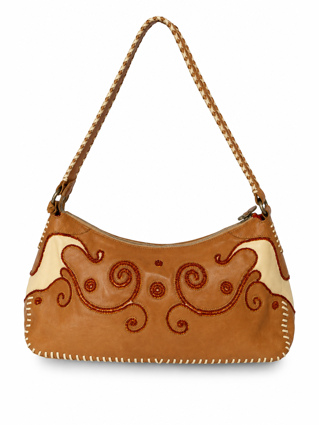 Francesco Biasia Beaded Embroidery Leather Shoulder Bag