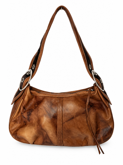 Crescent Leather Shoulder Bag with Pony Hair Cutouts