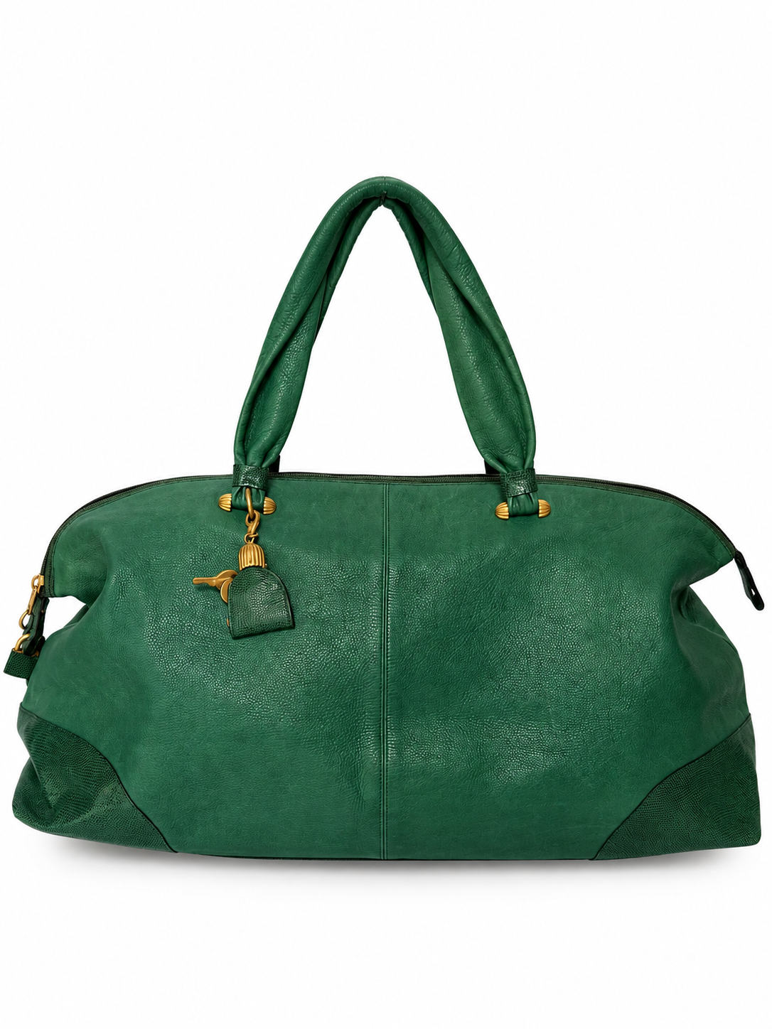 Ginza Kanematsu Green Leather Duffle Bag with Lizard-Embossed Trim
